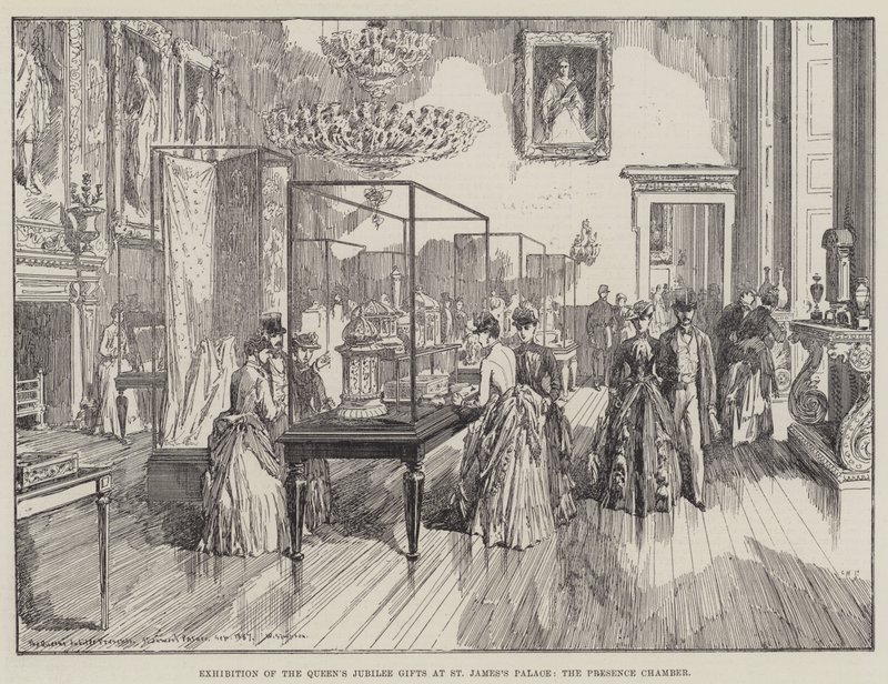 Exposición de los Regalos del Jubileo de la Reina en el Palacio de St James, la Cámara de Presencia de William Crimea Simpson