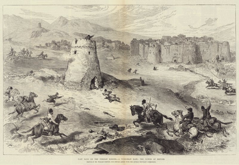 Días pasados en la frontera persa, una incursión turcomana, la Torre del Refugio de William Crimea Simpson