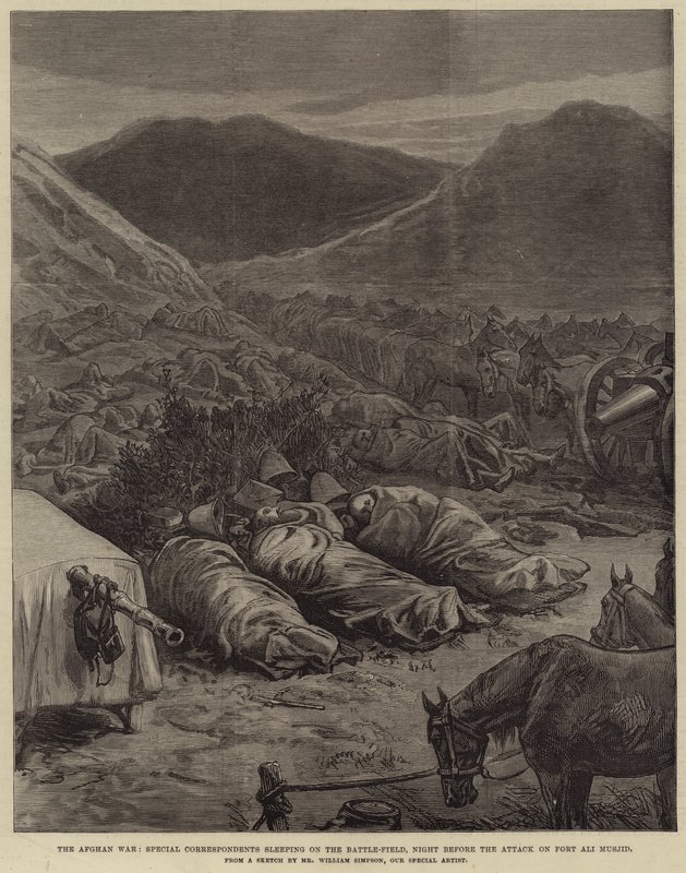 La guerra afgana, corresponsales especiales durmiendo en el campo de batalla, la noche antes del ataque al fuerte Ali Musjid de William Crimea Simpson