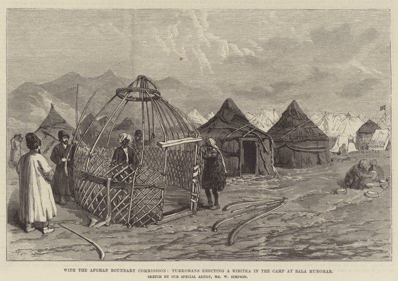 Con la Comisión Fronteriza Afgana, Turcomanos erigiendo una Kibitka en el Campamento de Bala Murghab de William Crimea Simpson