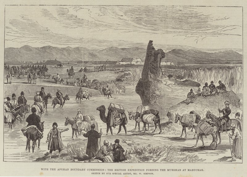 Con la Comisión de Fronteras de Afganistán, la expedición británica cruzando el Murghab en Maruchak de William Crimea Simpson