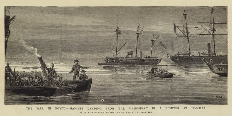 La guerra en Egipto, desembarco de marines desde el Rhosina en un encendedor en Ismailia de William Edward Atkins