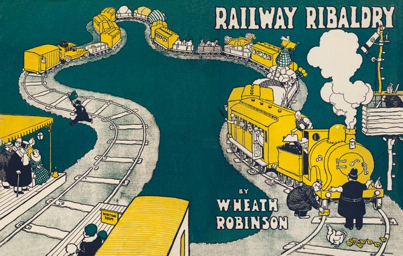 Ilustración de portada para Railway Ribaldry por W Heath Robinson de William Heath Robinson