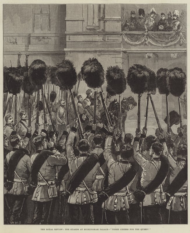 La revisión real, los guardias en el Palacio de Buckingham, ¡Tres hurras por la Reina! de William Heysham Overend