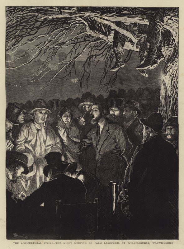 La huelga agrícola, la reunión nocturna de trabajadores agrícolas en Wellesbourne, Warwickshire de William III Bromley