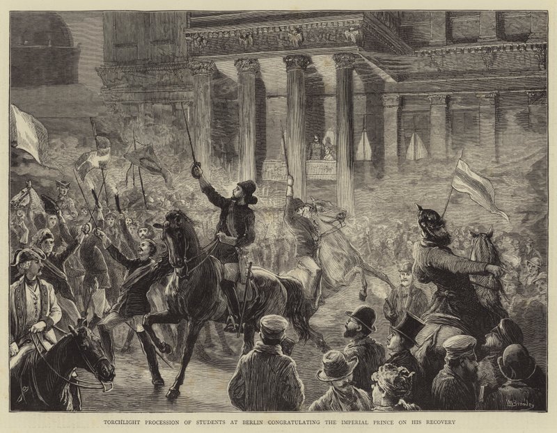 Procesión de antorchas de estudiantes en Berlín felicitando al Príncipe Imperial por su recuperación de William III Bromley