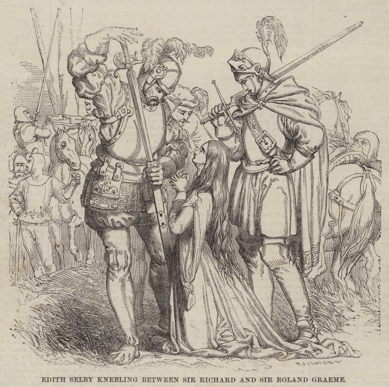 Edith Selby arrodillada entre Sir Richard y Sir Roland Graeme de William James Linton