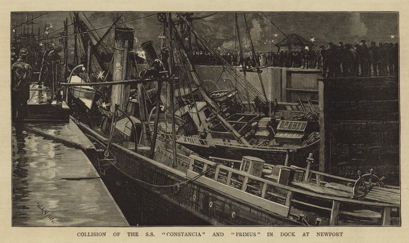 Colisión del SS Constancia y Primus en el muelle de Newport de William Lionel Wyllie