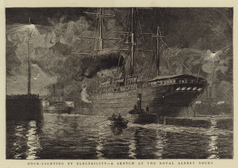 Iluminación del Muelle por Electricidad, un Boceto en los Royal Albert Docks de William Lionel Wyllie