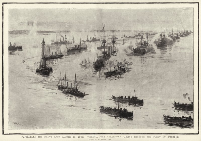 ¡Adiós! El Último Saludo de la Armada a la Reina Victoria, el Alberta pasando por la Flota en Spithead de William Lionel Wyllie