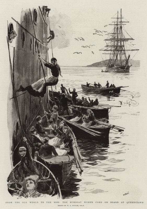 Del viejo mundo al nuevo, las mujeres del bumboat suben a bordo en Queenstown de William Lionel Wyllie