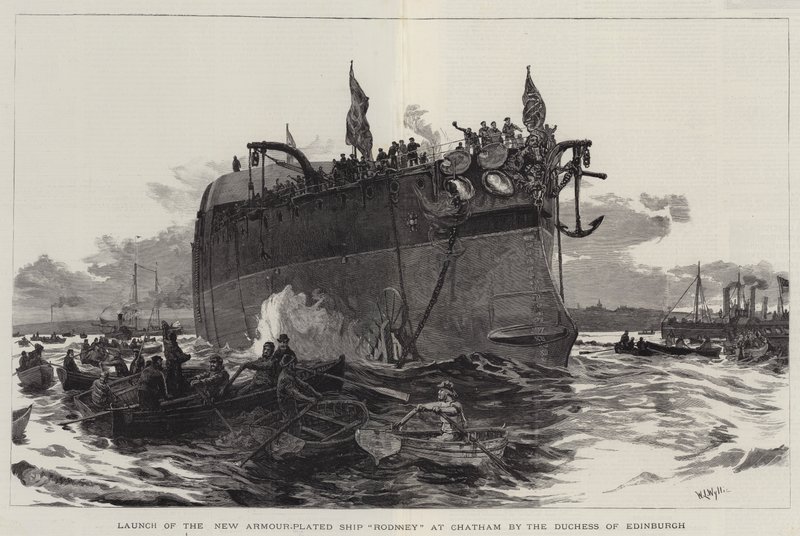 Lanzamiento del nuevo barco blindado Rodney en Chatham por la Duquesa de Edimburgo de William Lionel Wyllie