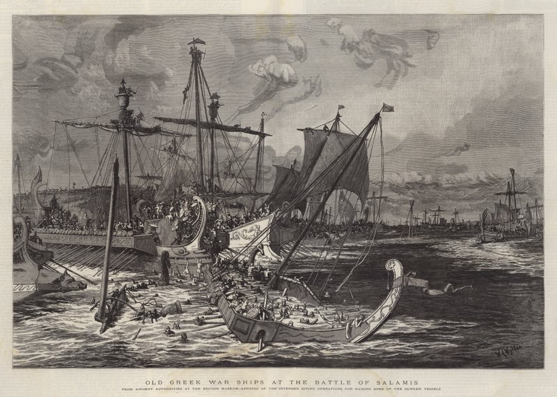 Antiguos barcos de guerra griegos en la batalla de Salamina de William Lionel Wyllie