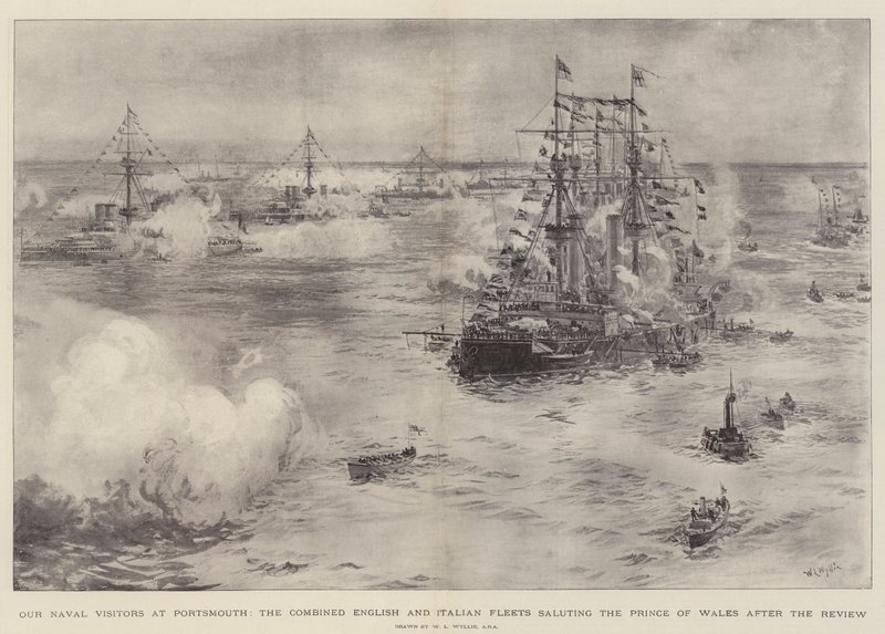 Nuestros visitantes navales en Portsmouth, las flotas combinadas inglesa e italiana saludando al Príncipe de Gales después de la revisión de William Lionel Wyllie