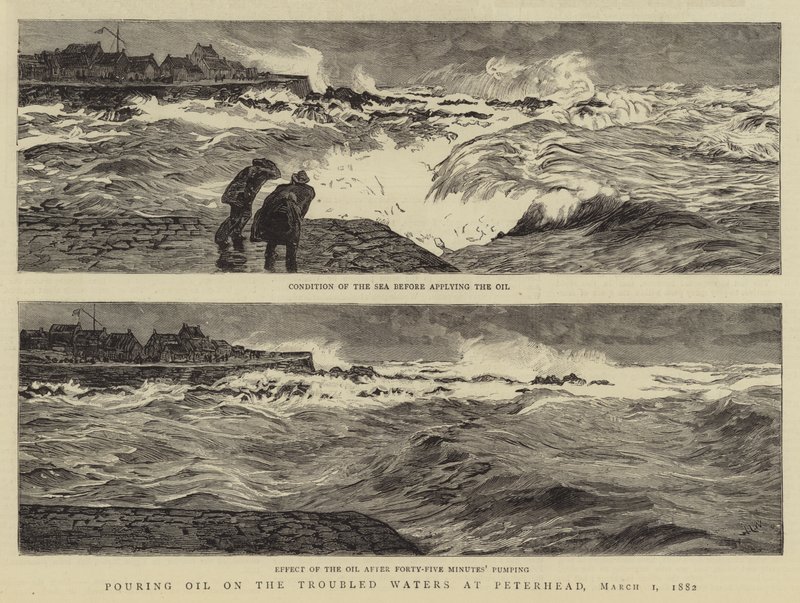 Vertiendo aceite en las aguas turbulentas en Peterhead, 1 de marzo de 1882 de William Lionel Wyllie