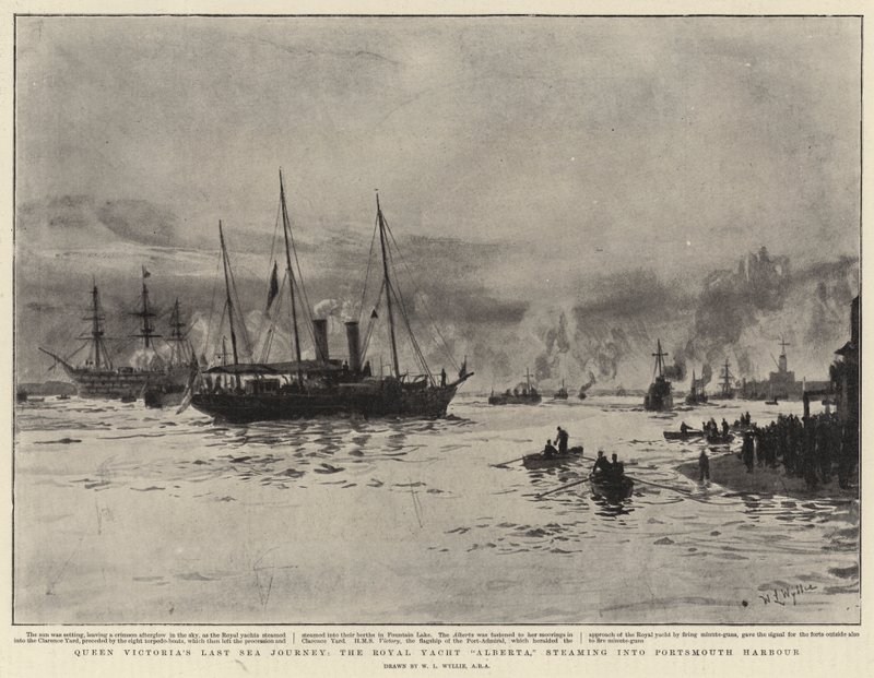 El Último Viaje Marítimo de la Reina Victoria, el Yate Real Alberta, entrando en el Puerto de Portsmouth de William Lionel Wyllie