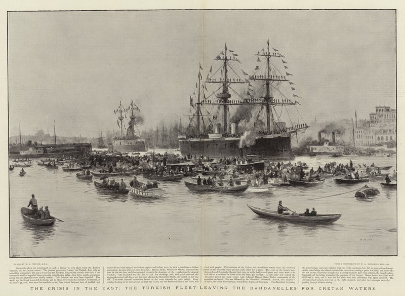 La crisis en el Este, la flota turca saliendo de los Dardanelos hacia las aguas de Creta de William Lionel Wyllie