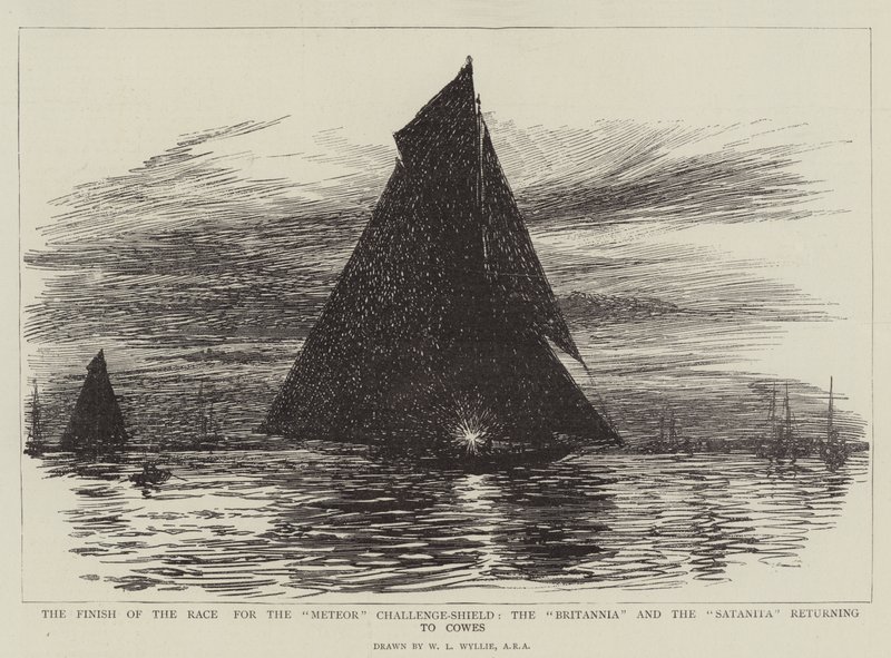 El final de la carrera por el Meteor Challenge-Shield, el Britannia y el Satanita regresando a Cowes de William Lionel Wyllie