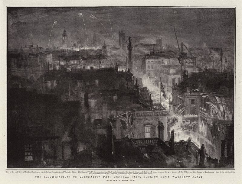Las iluminaciones en el día de la coronación, vista general, mirando hacia Waterloo Place de William Lionel Wyllie