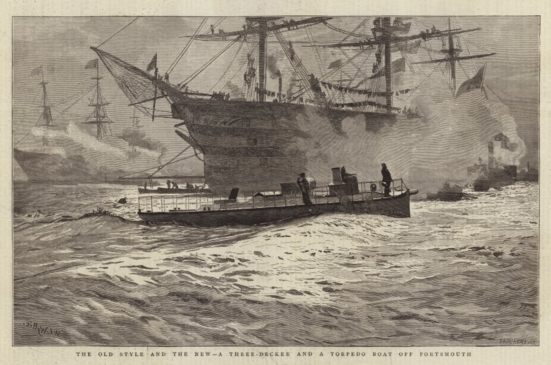 El estilo antiguo y el nuevo, un tres puentes y un torpedero frente a Portsmouth de William Lionel Wyllie