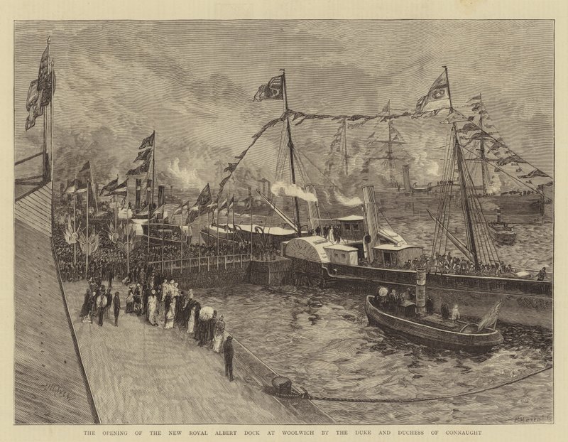 La inauguración del nuevo Royal Albert Dock en Woolwich por el duque y la duquesa de Connaught de William Lionel Wyllie