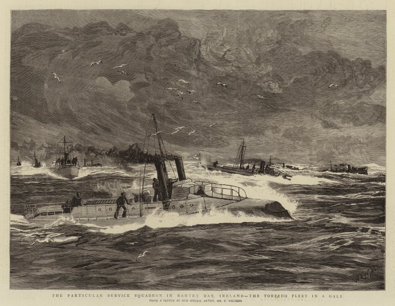 El Escuadrón de Servicio Particular en la Bahía de Bantry, Irlanda, la flota de torpedos en una tormenta de William Lionel Wyllie