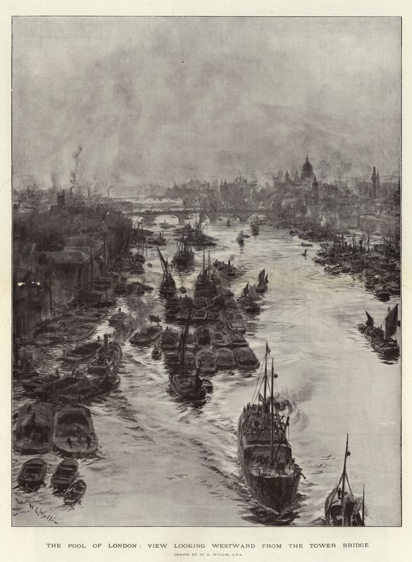El puerto de Londres, vista hacia el oeste desde el Puente de la Torre de William Lionel Wyllie