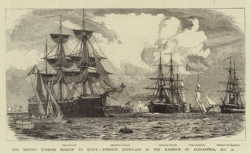 La reciente misión turca a Egipto, acorazados extranjeros en el puerto de Alejandría, 21 de octubre de William Lionel Wyllie