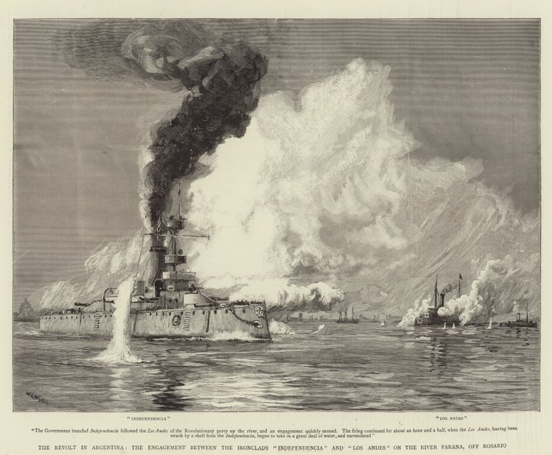 La revuelta en Argentina, el enfrentamiento entre los acorazados Independencia y Los Andes en el río Paraná, frente a Rosario de William Lionel Wyllie