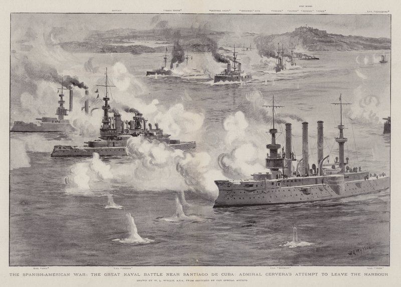 La Guerra Hispanoamericana, la Gran Batalla Naval cerca de Santiago de Cuba, el intento del Almirante Cervera de salir del puerto de William Lionel Wyllie