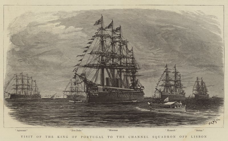 Visita del Rey de Portugal al Escuadrón del Canal frente a Lisboa de William Lionel Wyllie