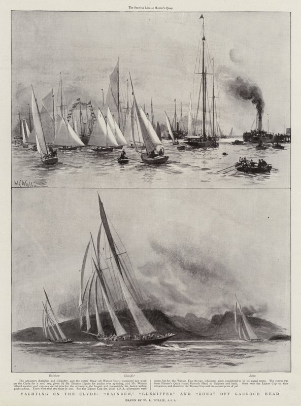 Navegando en el Clyde, Rainbow, Gleniffer y Bona frente a Garroch Head de William Lionel Wyllie