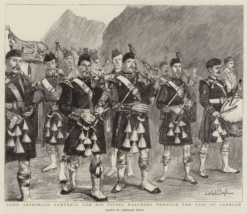Lord Archibald Campbell y sus gaiteros marchando por el Paso de Glencoe de William Lockhart Bogle