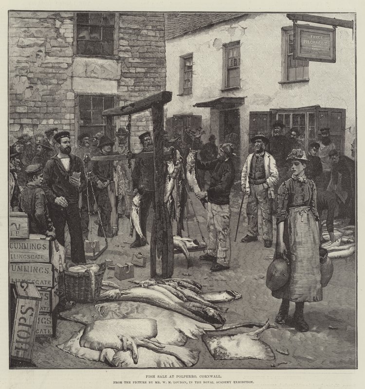 Venta de pescado en Polperro, Cornwall de William Mouat Loudan