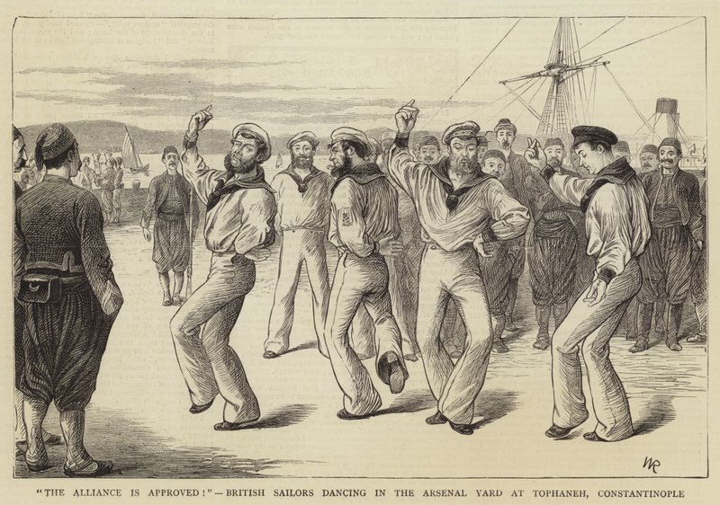 ¡La Alianza es aprobada!, Marineros Británicos bailando en el Patio del Arsenal en Tophaneh, Constantinopla de William Ralston
