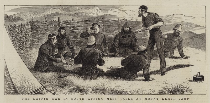 La guerra de los cafres en Sudáfrica, mesa de oficiales en el campamento Mount Kempt de William Ralston
