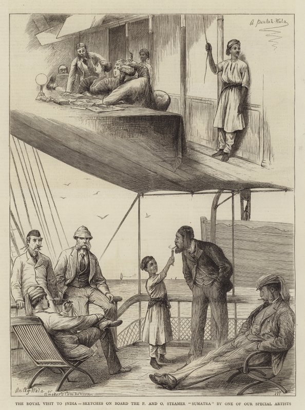 La visita real a la India, bocetos a bordo del vapor Sumatra de P y O de William Ralston