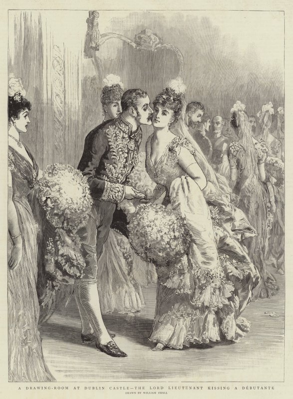 Un salón en el Castillo de Dublín, el Lord Teniente besando a una debutante de William Small