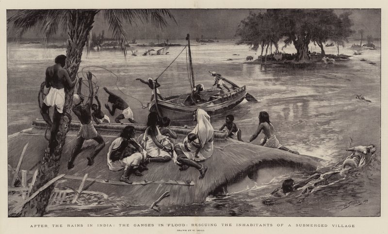 Después de las lluvias en India, el Ganges en inundación, rescatando a los habitantes de un pueblo sumergido de William Small