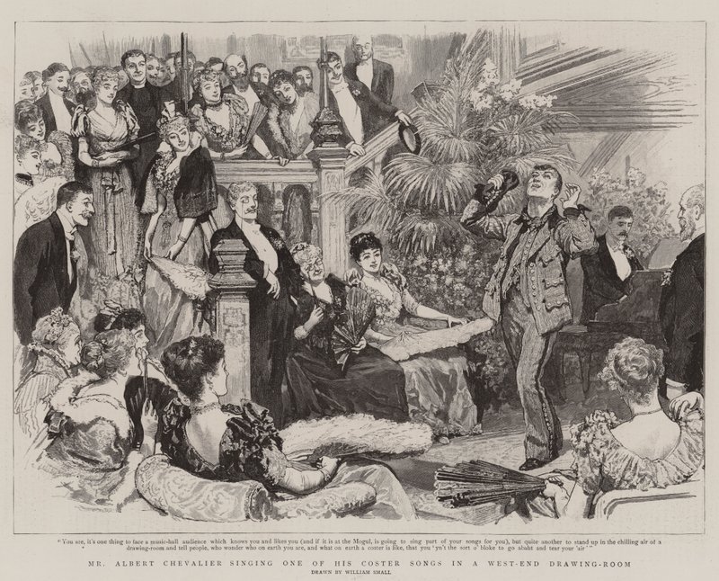 El Sr. Albert Chevalier cantando una de sus canciones de Coster en un salón del West-End de William Small