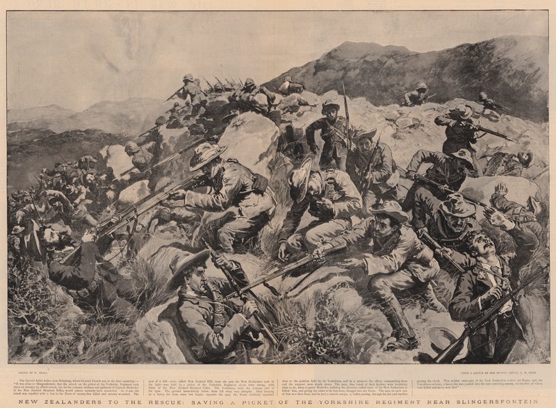 Neozelandeses al rescate, salvando un piquete del Regimiento de Yorkshire cerca de Slingersfontein de William Small