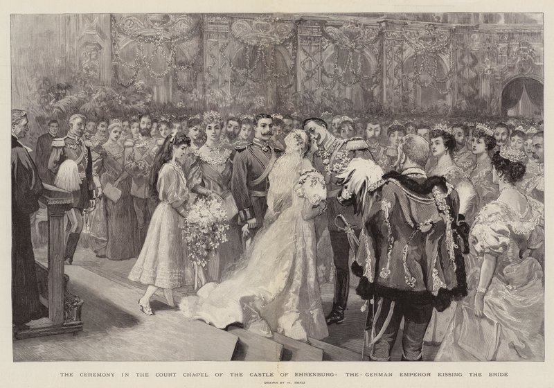 La ceremonia en la capilla del castillo de Ehrenburg, el emperador alemán besando a la novia de William Small