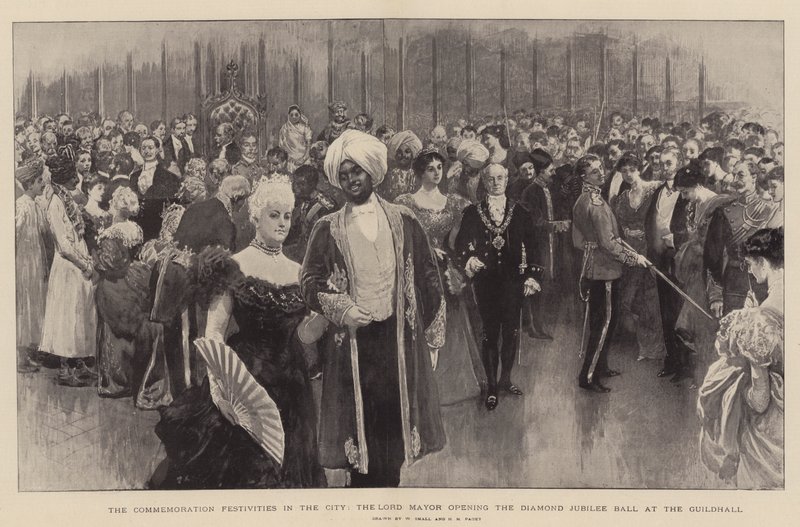 Las festividades de conmemoración en la ciudad, el alcalde inaugurando el baile del Jubileo de Diamante en el Guildhall de William Small