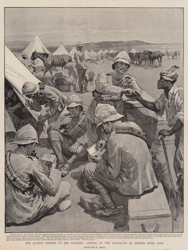 El regalo de la Reina a sus soldados, llegada del chocolate al campamento de Modder River de William Small