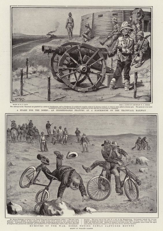Una trampa para los bóers, una característica indispensable en un fortín en el ferrocarril de Transvaal, humor de la guerra, bóers probando monturas recién capturadas de William T. Maud