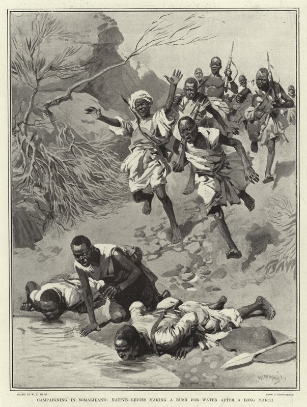 Campaña en Somalilandia, tropas nativas corriendo hacia el agua después de una larga marcha de William T. Maud