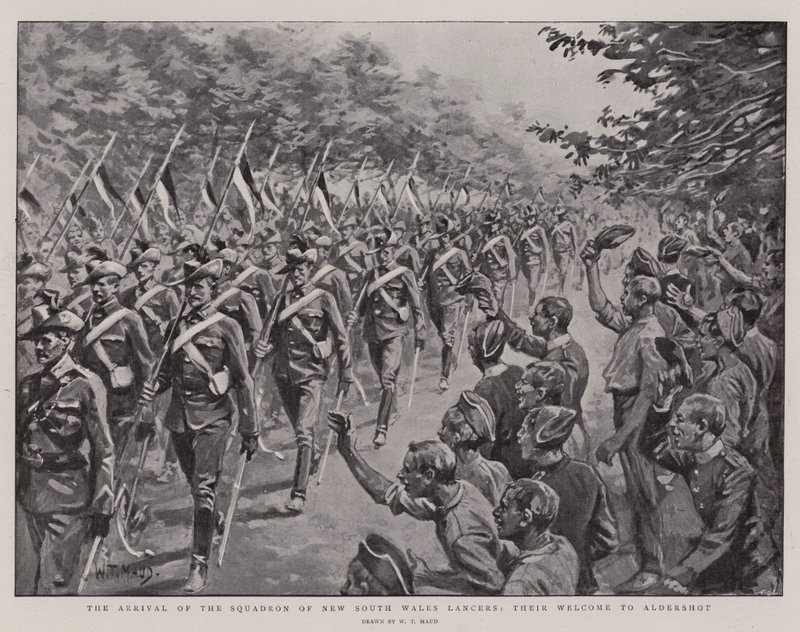 La llegada del escuadrón de lanceros de Nueva Gales del Sur, su bienvenida a Aldershot de William T. Maud