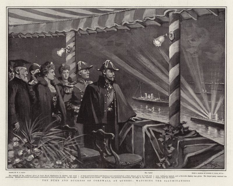 El Duque y la Duquesa de Cornwall en Quebec, viendo las iluminaciones de William T. Maud