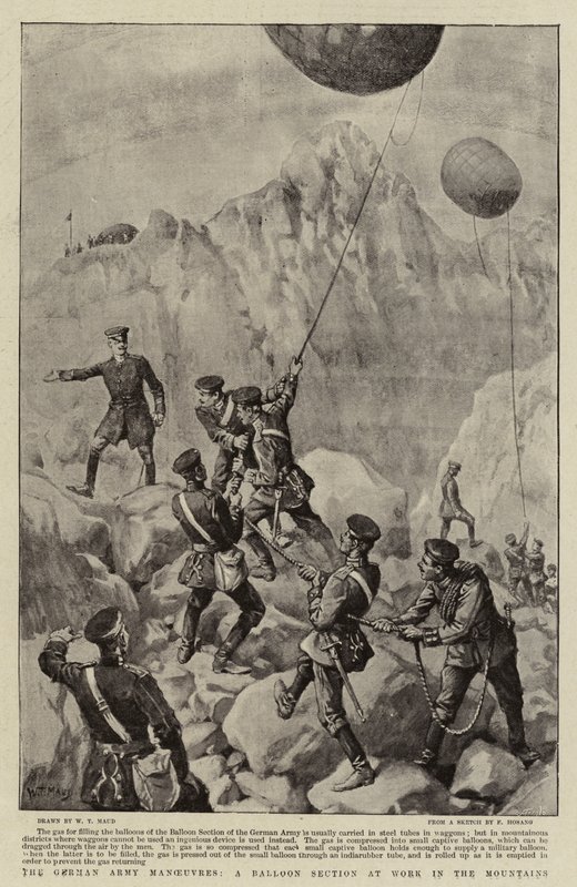 Las maniobras del ejército alemán, una sección de globos trabajando en las montañas de William T. Maud