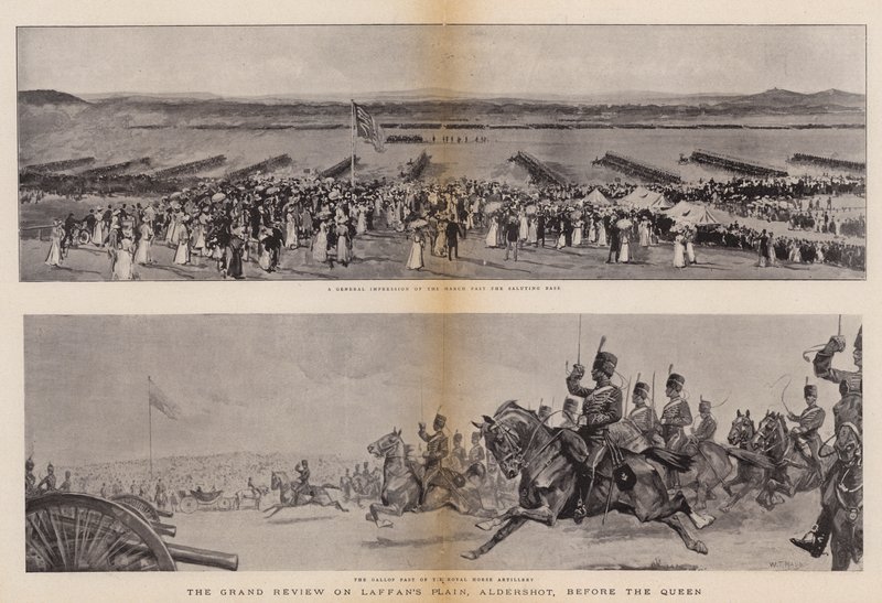 La gran revisión en la llanura de Laffan, Aldershot, ante la Reina de William T. Maud
